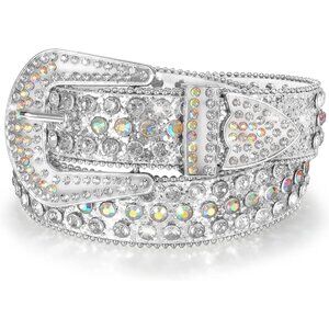 Leather Belt Rhinestone Bling Studded 1.5" Unisex Fashion Silver Buckle